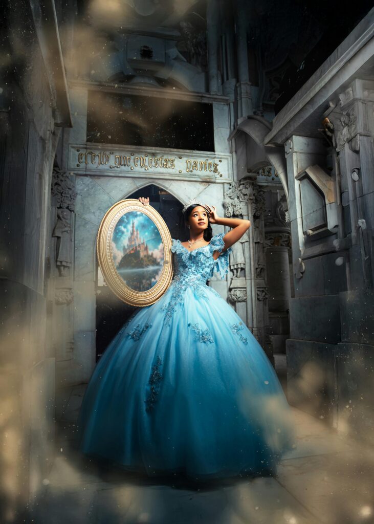pexels-photo-32065407-32065407 A woman in a detailed blue gown holds a mirror in a mystical stone chamber.